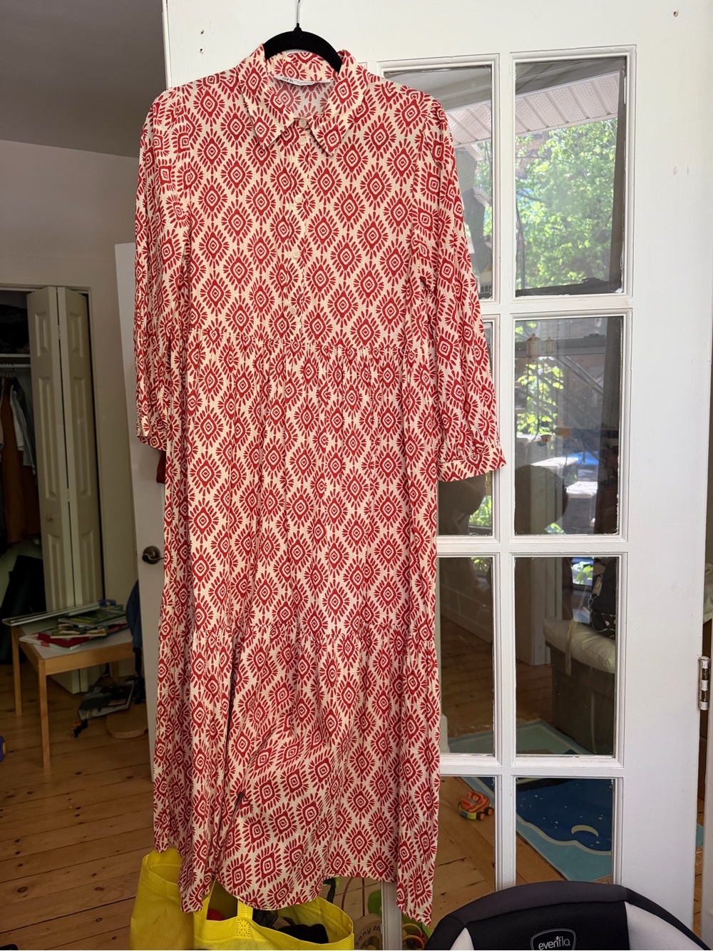 Zara Red and Cream Printed Long-Sleeve Maxi Dress